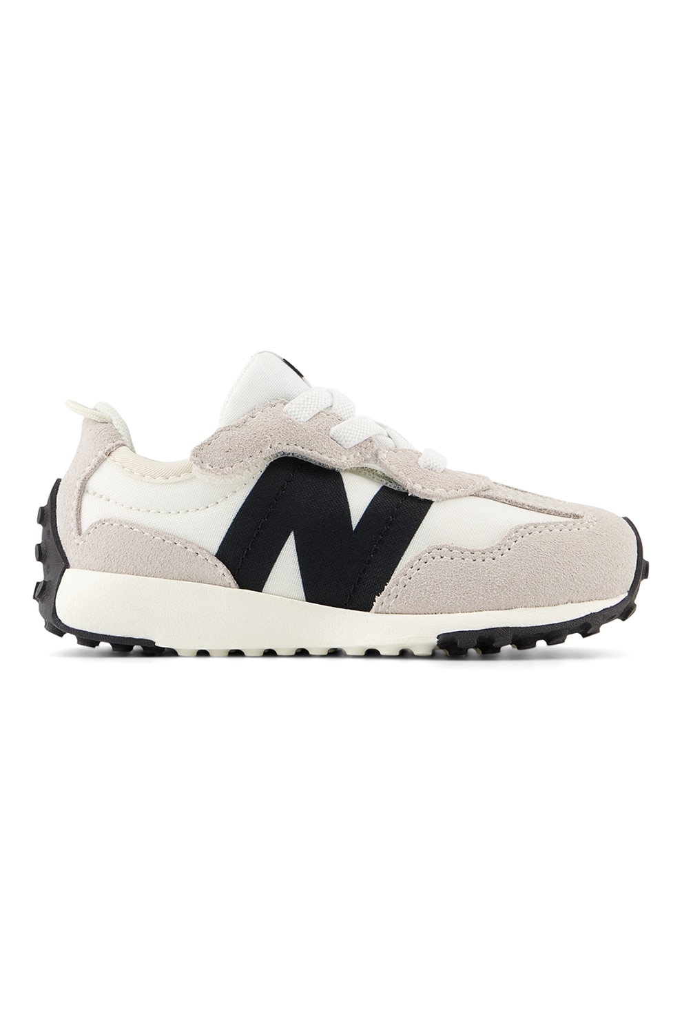 New Balance, Pantofi sport din material textil 327 cu garnituri din piele intoarsa, Bej, Alb murdar, Negru, 27.5 EU