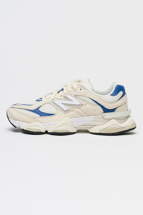 New Balance, Pantofi sport 9060 din piele cu logo, Albastru inchis/Alb murdar/Liliac prafuit