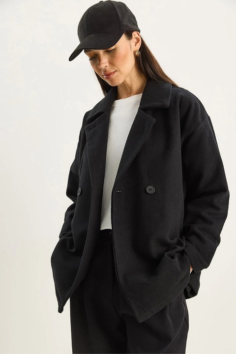 Palton dama Bianco Lucci, oversized, negru, textil, cu inchidere cu nasturi