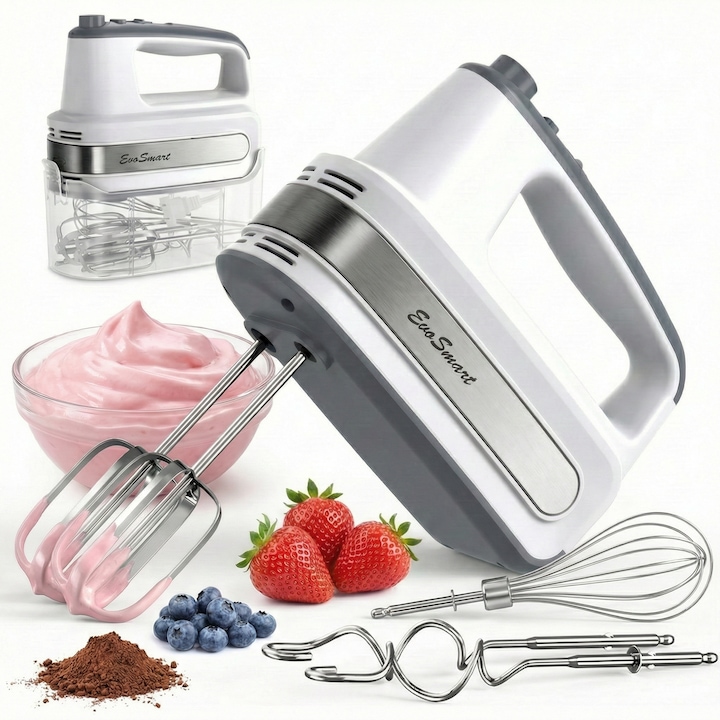 Mixer De Mana EvoSmart HM615, Cutie Depozitare, 600W, 2400 Rot/Min, 5 Accesorii Inox, 5 Viteze, Buton Turbo, Alb