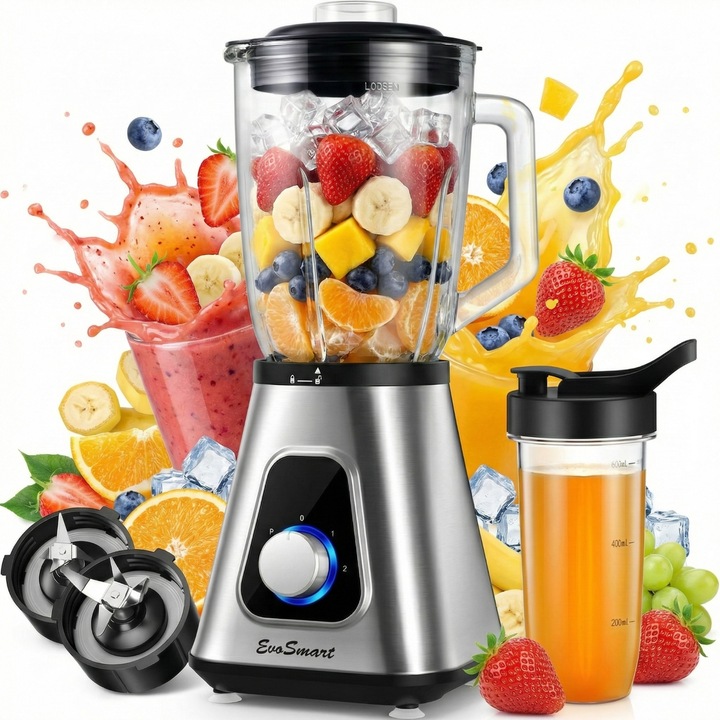 Blender EvoSmart SF701 cu Rasnita, 1200W, 1.5L, Vas din Sticla, 3 Programe, Carcasa din Inox, Zdrobire Gheata, Pahar Portabil, Lame Inox 4 si 6 Aripioare, Functie Pulse, Autocuratare, Gri