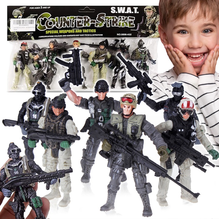 Set figurine actiune SWAT, PIXEL, 6 soldati, 9,5cm, plastic, multicolor