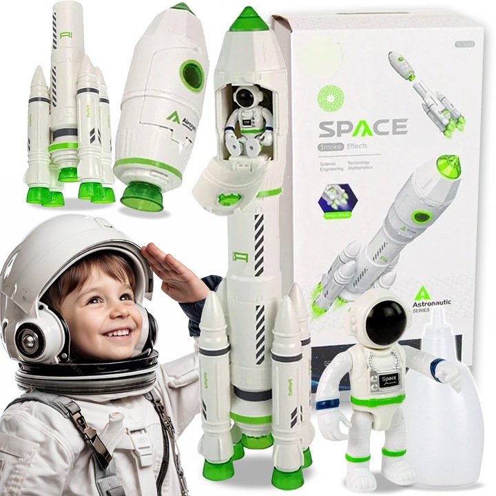 Racheta spatiala interactiva PIXEL cu efecte sonore si luminoase, 44 cm, include astronaut si pipeta pentru apa