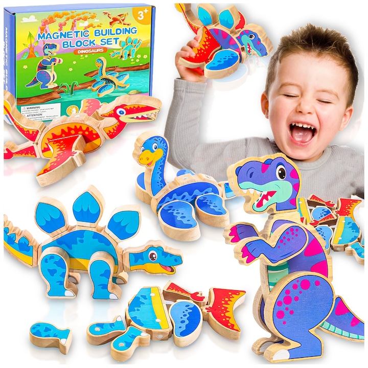 Комплект за изграждане от магнитно дърво 4 динозавъра T-Rex, PIXEL, 30 елемента, естествен, 19x15x4см