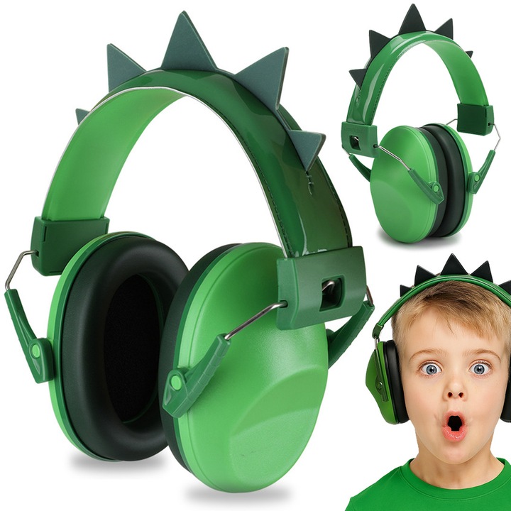 Casti de protectie pentru copii, PIXEL, dinozaur, reducere zgomot 28 dB, pliabile, verzi