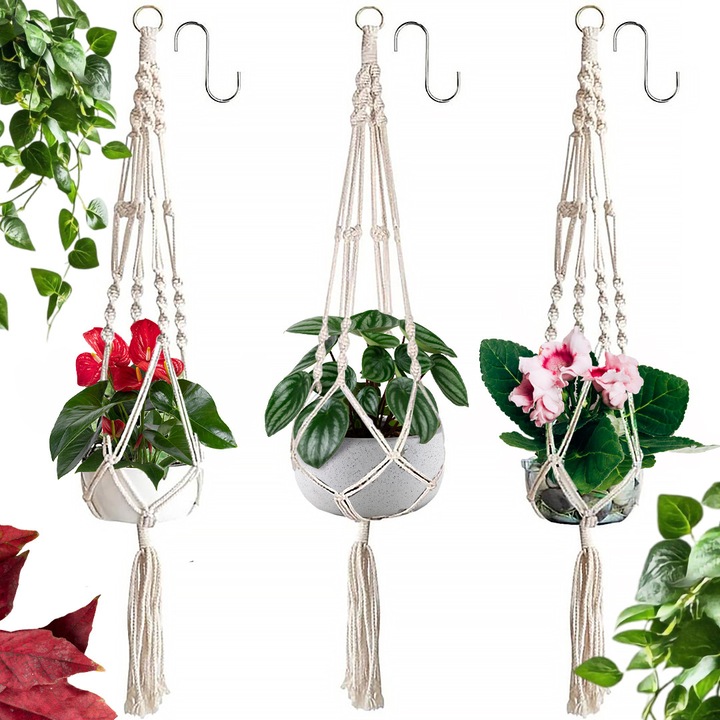 3 db makramé virágtartó szett, PIXEL, fehér, 105cm