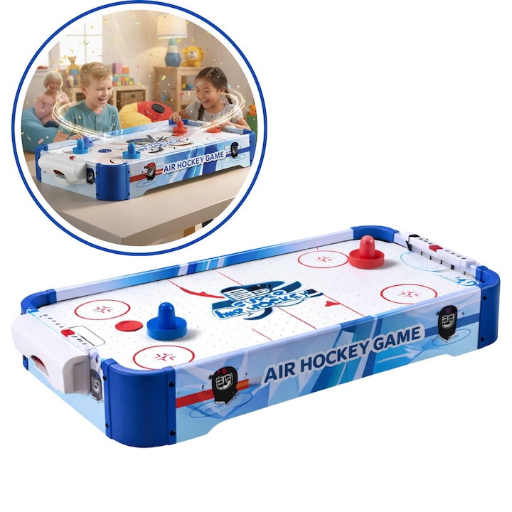Joc de masa Air Hockey pentru copii si familie HASEPE, Portabil cu AirFlow, 2 jucatori, 2 pioni si 2 discuri incluse, Scor mecanic, Dimensiuni 77x37x10 cm, Baterii AA, Albastru