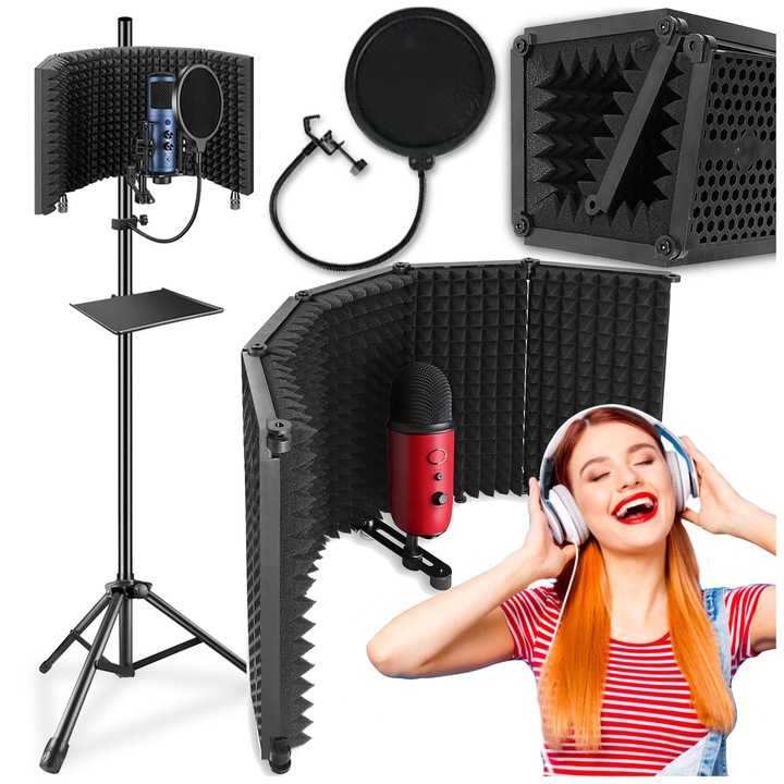 Akusztikus kabin 5 panel, PIXEL, 3 rétegű, állítható állvány, pop szűrő, fekete, 72x29cm