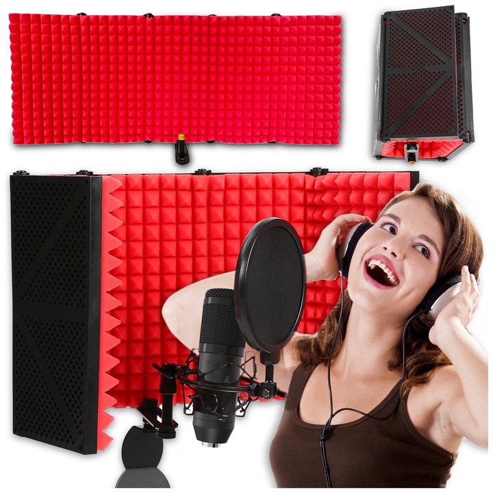 Акустична кабина с 5 панела PIXEL, червено-черна, подвижна, размери 68x25,5см, пълен комплект