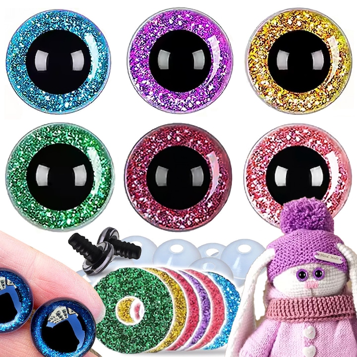 Set 60 ochi colorati siguri 16 mm pentru jucarii, PIXEL, 6 culori, efect sclipitor