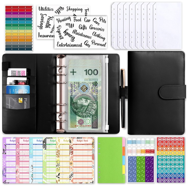 Organizer bugetar A6, PIXEL, negru, 8 pungi PVC, 12 carduri bugetare