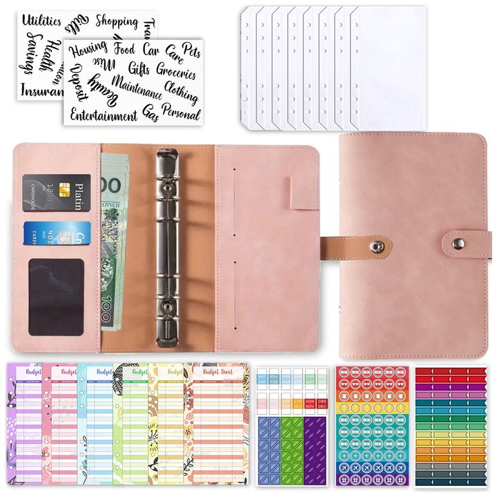 Planificator bugetar A6, PIXEL, culoare roz murdar, 6 inele, 8 plicuri transparente, set complet