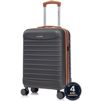 Troler cabina avion Quasar & Co.®, 55x38x21cm, bagaj de mana, troller cu fermoar antifurt, cifru, maner telescopic lung, geamantan cu 4 roti duble silentioase 360°, valiza ABS 2.8 mm, rezistent, 2 compartimente cu buzunar, 10kg, LINE, gri/maro