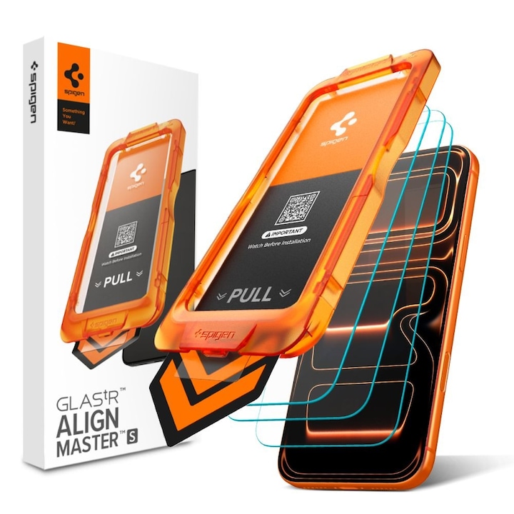 Pachet 3 buc Folie Sticla pentru Apple iPhone 17 Pro Spigen Glas.tR Align Master Slim, Kit de instalare usoara si rapida cu dispozitiv de potrivire automata, Protectie Profesionala, Ultra Rezistenta, Transparenta