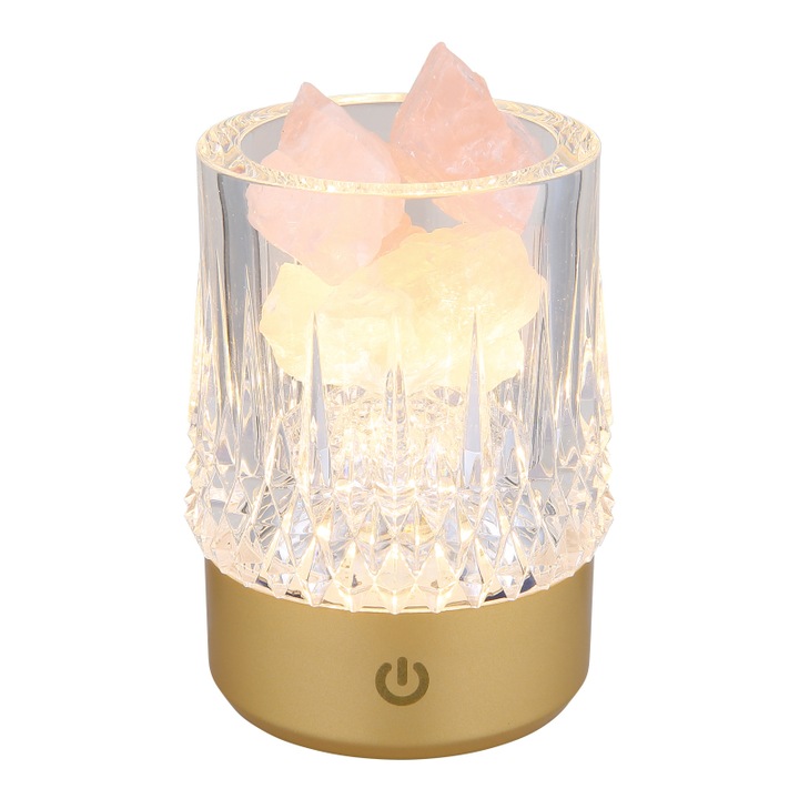 Asztali lámpa műanyag matt arany, átlátszó kristály hatású, rózsaszín díszítőkövek (tartozék), érintéses be/ki, dimmer, adapter nélkül, USB-A 2.0/USB-C, töltés közben világít, M: 105mm, LED 1W 230V (tartozék), 110lm forrás, 95lm kimenet, 3000K