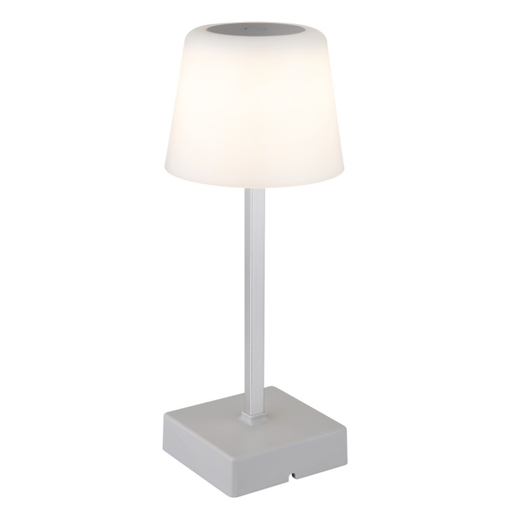 Asztali lámpa matt ezüst műanyag, alumínium, opál, érintéses be/ki kapcsoló, érintéses fényerőszabályzó, adapter nélkül, USB-A 2.0/USB-C, töltési és világítási idő kb. 4 óra, ø 85mm, 255mm, LED 2W 230V, fényforrás 120lm, kimenet 100lm