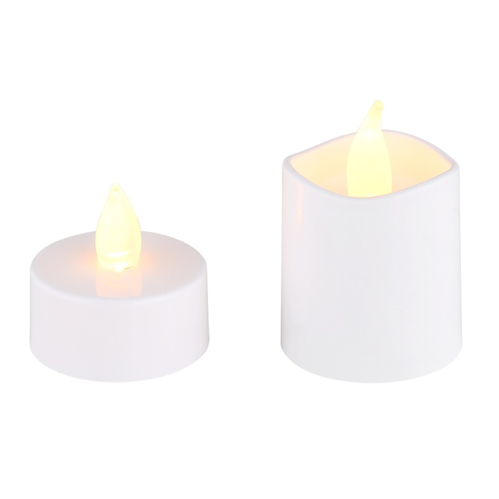 Артикул за декорация пластмаса бяла, пластмаса сатинирана, плъзгащ ключ, Ефект на пламък, Включена батерия 1x CR2032 210mAh, ø: 37мм, Комплект количество 16бр., вкл. LED 0, 02W 3V, източник 4lm, изход 3lm, 2300K