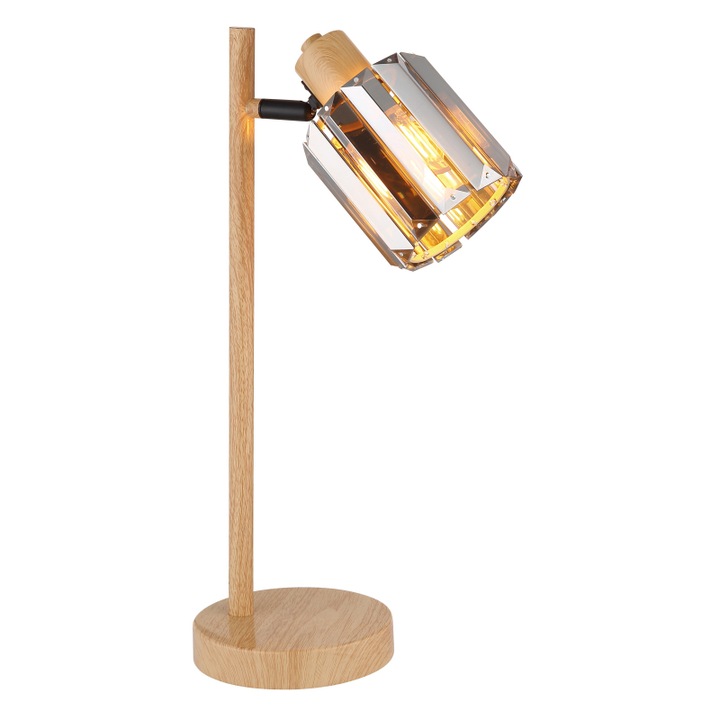 Fém asztali lámpa fa megjelenéssel, füstszínű K5 kristályok, fekete PVC kábel, billenőkapcsoló a kábelen, HxSzxM: 150x130x400mm, kábel hossza 1600mm, excl. 1x E14 40W 230V