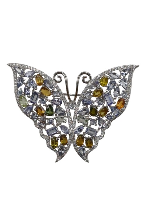 Brosă din argint 925, cu pietre tanzanit și turmalină, 5, 6x4, 3cm