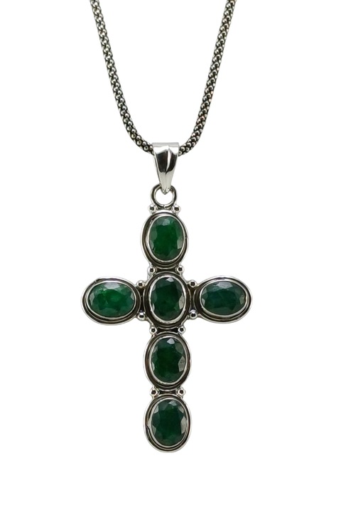 Colier din argint 925, cu piatră smarald, lungime 56cm, pandantiv 5, 7x3, 6cm