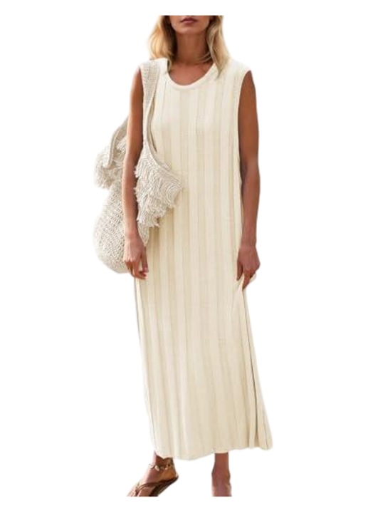 Rochie Maxi Femei, fara maneci, guler usor incoltit（10076）, Bej