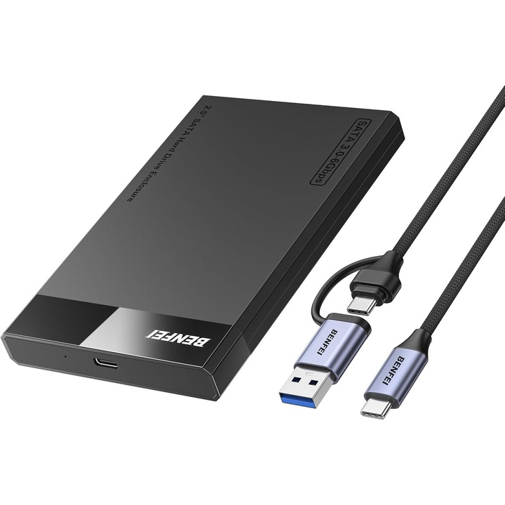 Carcasa externa pentru hard disk SSD/HDD 2.5 inch, SATA la USB-C/USB-A, Plug and Play, Viteza transmisie pana la 6 Gbs, Neagra
