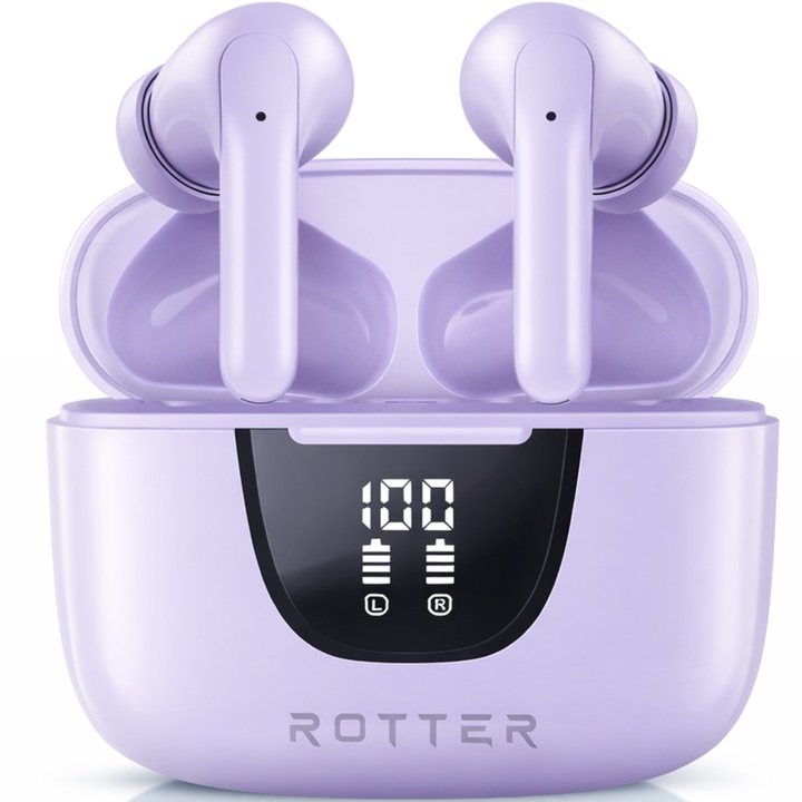 Безжични слушалки ROTTER®️ с шумоизолация, In-ear Bluetooth, Безжични аудио слушалки, Безжични, Дигитален дисплей, Bluetooth 5.4 слушалки, Автономия 42 часа, HD аудио микрофон, Тъч контрол, Безжична латентност 45 ms, IPX4, Спортни, Универсални, Лилави