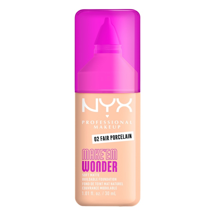 Fond de ten NYX Professional Makeup Make 'EM Wonder 02 Fair Porcelain, subton rece, aspect mat natural, nedetectabil, rezistenta pana la 24 de ore, 30 ml