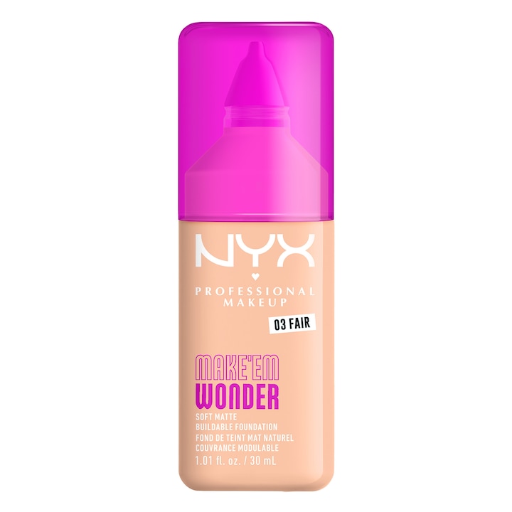 Fond de ten NYX Professional Makeup Make 'EM Wonder 03 Fair, subton neutru, aspect mat natural, nedetectabil, rezistenta pana la 24 de ore, 30 ml