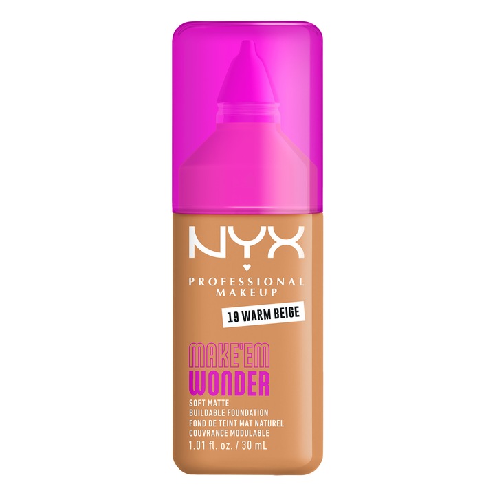 Fond de ten NYX Professional Makeup Make 'EM Wonder 19 Warm Beige, subton cald, aspect mat natural, nedetectabil, rezistenta pana la 24 de ore, 30 ml