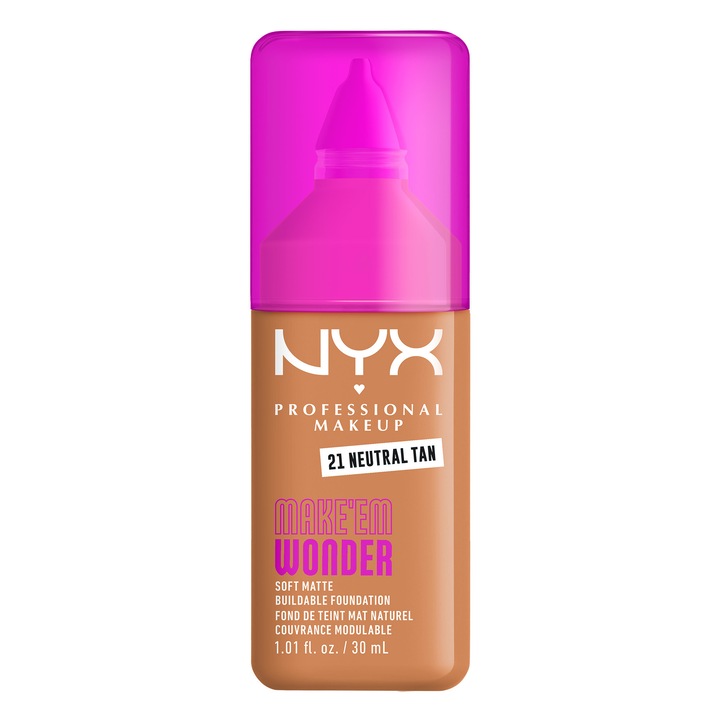 Fond de ten NYX Professional Makeup Make 'EM Wonder 21 Neutral Tan, subton rece, aspect mat natural, nedetectabil, rezistenta pana la 24 de ore, 30 ml