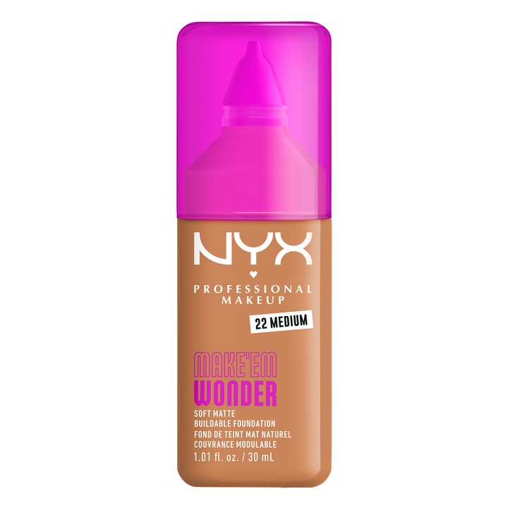 Fond de ten NYX Professional Makeup Make 'EM Wonder 22 Medium, subton neutru, aspect mat natural, nedetectabil, rezistenta pana la 24 de ore, 30 ml