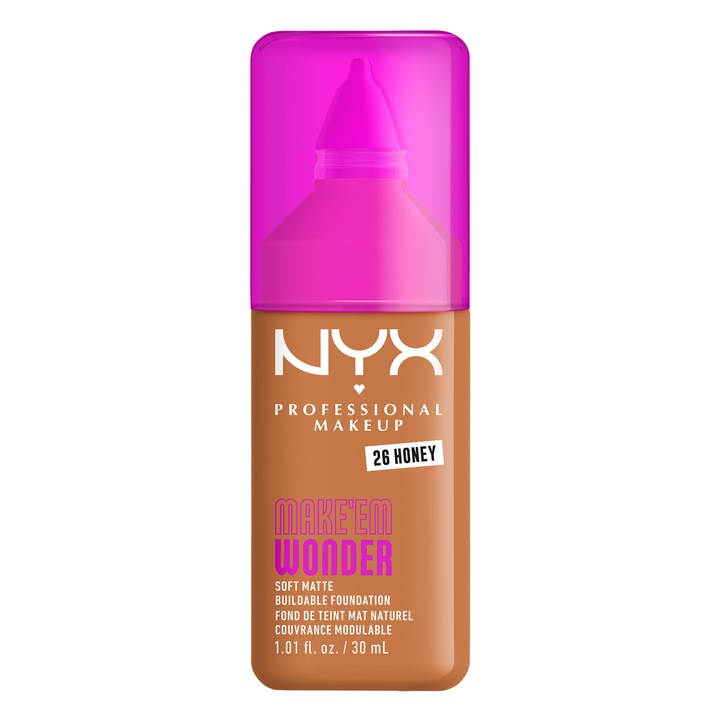 Fond de ten NYX Professional Makeup Make 'EM Wonder 26 Honey, subton neutru, aspect mat natural, nedetectabil, rezistenta pana la 24 de ore, 30 ml