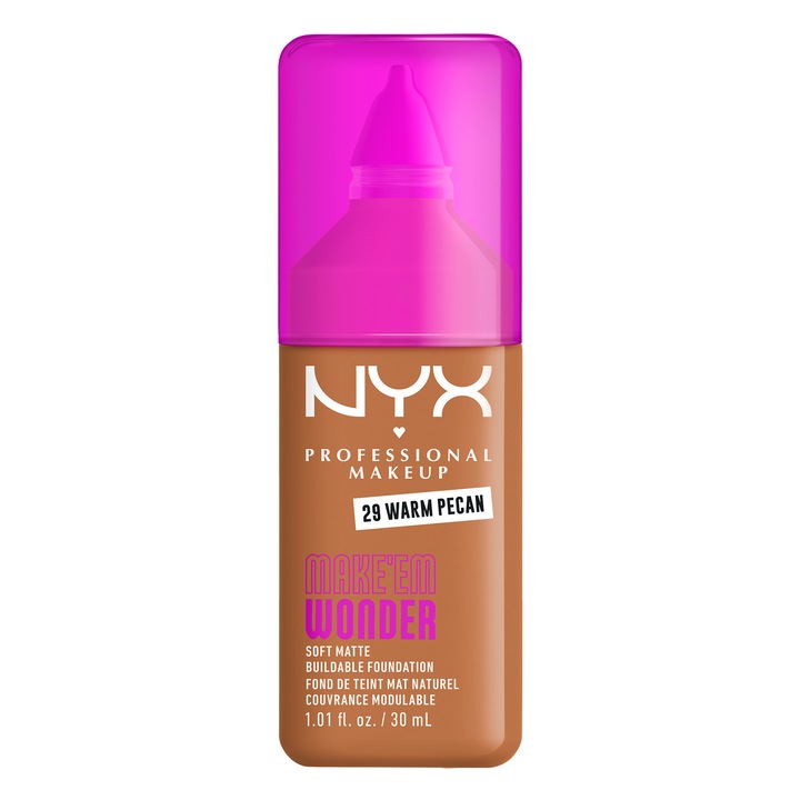 Fond de ten NYX Professional Makeup Make 'EM Wonder 29 Warm Pecan, subton neutru, aspect mat natural, nedetectabil, rezistenta pana la 24 de ore, 30 ml