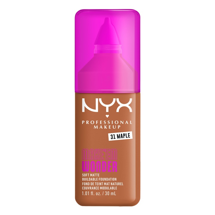Fond de ten NYX Professional Makeup Make 'EM Wonder 31 Maple, subton rece, aspect mat natural, nedetectabil, rezistenta pana la 24 de ore, 30 ml