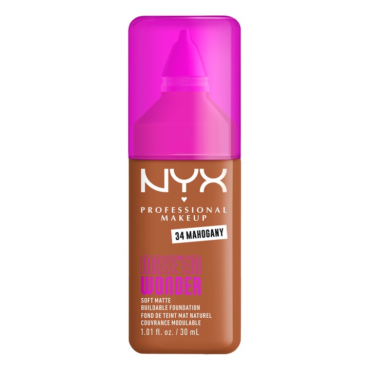 Fond de ten NYX Professional Makeup Make 'EM Wonder 34 Mahogany, subton neutru, aspect mat natural, nedetectabil, rezistenta pana la 24 de ore, 30 ml