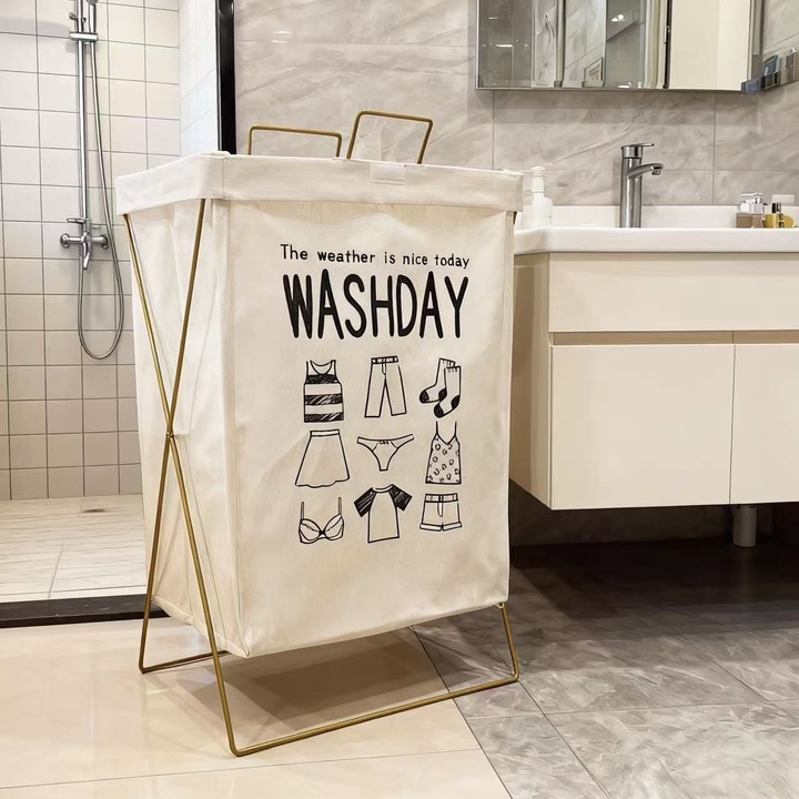 Cos de rufe pliabil, Organizator din Material Coton-In cu Cadru Auriu, capac antibacterian, cu Cadru Auriu,, 54x35x23cm