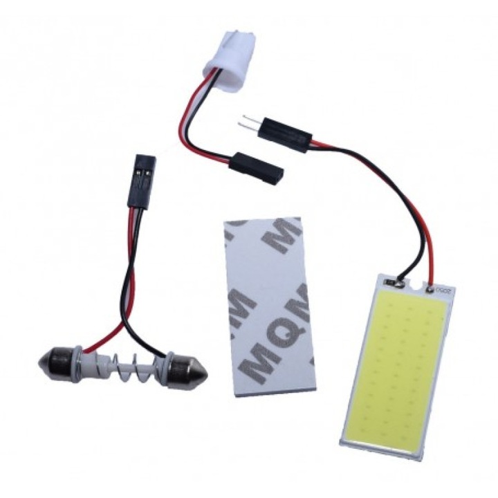 Bec auto LED COB 24 segmente, alb rece, 12V, 36x26mm, set cu adaptoare T10 și Feston