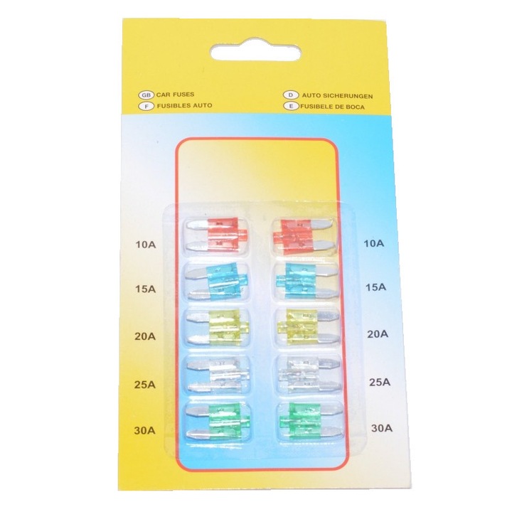 Set sigurante auto mini cu LED, 10 buc, multicolor