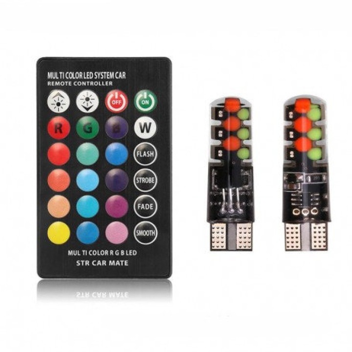 LED W5W RGB T10 izzó távirányítóval, 12V, hangulatvilágítás