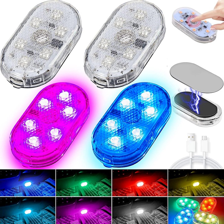 Set de 4 Lumina Ambientala Auto, YOUKUKE®, Model cu prindere magnetica, Touch, USB auto, senzor tactil, LED pentru modificari, Multicolor