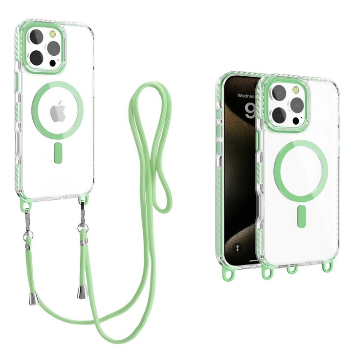 Husa pentru Apple iPhone 14 Pro, NovaStream Crystal Connect, Compatibila MagSafe, Snur Lanyard Detasabil, Reglabil, Protectie Antisoc Hybrid, Margini Intarite, Design Ergonomic, Anti-Soc, Slim, Verde