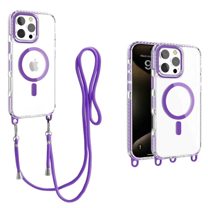 Husa pentru Apple iPhone 14 Pro, NovaStream Crystal Connect, Compatibila MagSafe, Snur Lanyard Detasabil, Reglabil, Protectie Antisoc Hybrid, Margini Intarite, Design Ergonomic, Anti-Soc, Slim, Mov