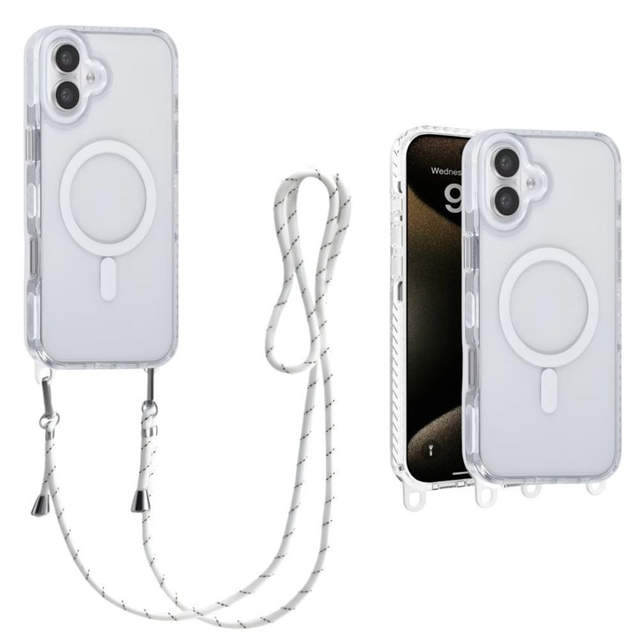 Калъф за Apple iPhone 16, NovaStream Crystal Connect, съвместим с MagSafe, подвижен, регулируем ремък, хибридна противоударна защита, подсилени ръбове, ергономичен дизайн, против удар, тънък, бял