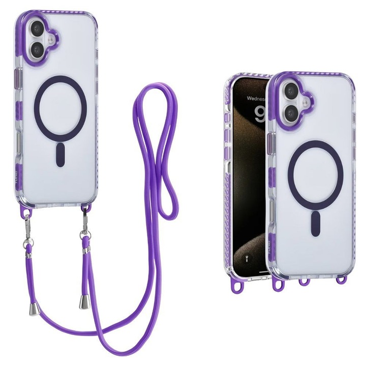 Калъф за Apple iPhone 16, NovaStream Crystal Connect, съвместим с MagSafe, подвижен, регулируем ремък, хибридна противоударна защита, подсилени ръбове, ергономичен дизайн, противоударен, тънък, лилав