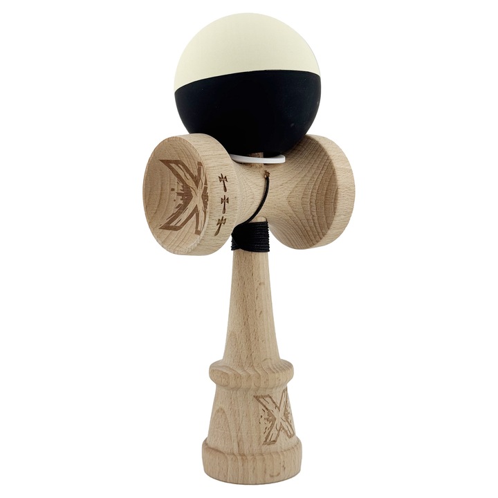 Kendama X Originala, Profesionala, Flippy, Rubber Grip, Cupe Mari KING SIZE V3, Gaura in Baza, Rulment Metalic, din lemn 18 cm, Ata 55 cm, Bicolor Galben/Negru