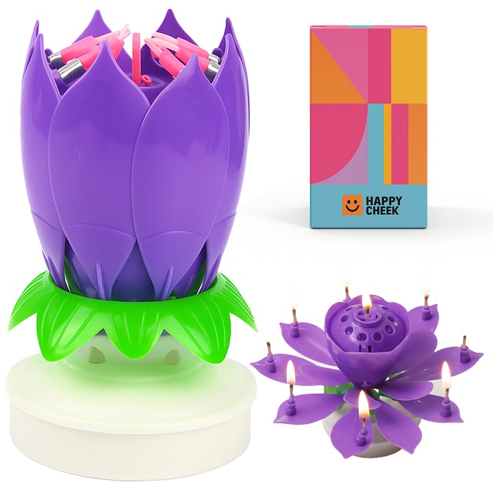 Jucarie interactiva pentru zi de nastere, in forma de lotus, rotativa, reda muzica La multi ani, 1 bucata, potrivita pentru atmosfera festiva si petreceri, mov