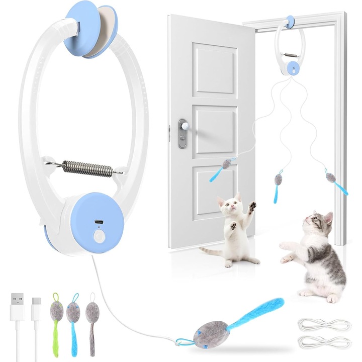 Jucarie interactiva pentru pisici de interior, Bedee®, agatate cu usa, Functionare inteligenta, retractabile automate, baterie reincarcabila de 500 mAh, +3 soareci de plus +1 franghie retractabila de 1 m +1 franghie retractabila de 2 m, Alb