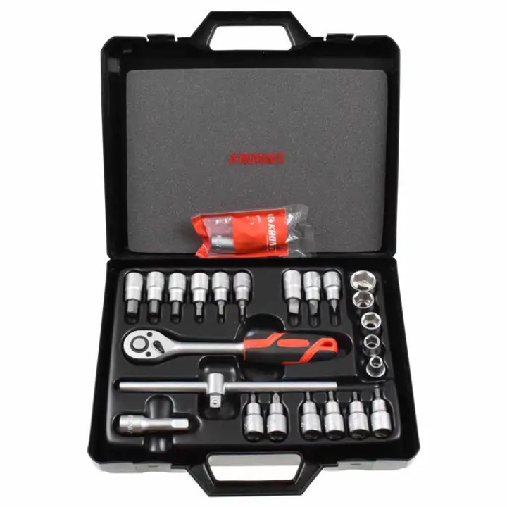 Trusă chei tubulare Kronus, 25 piese, crom-vanadiu, 1/2 inch, organizare plastic
