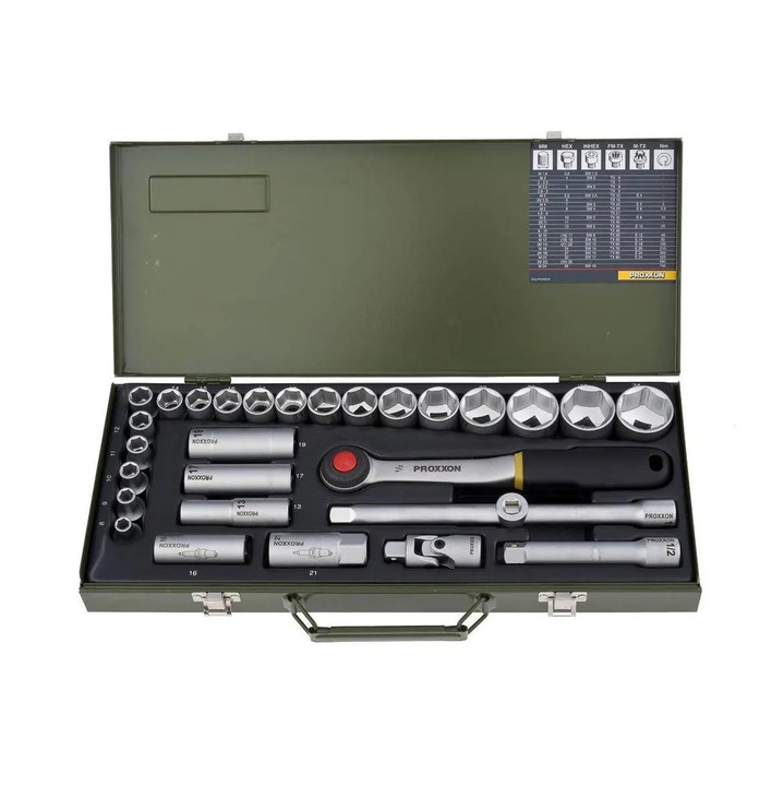 Trusă chei tubulare Proxxon, 29 piese, prindere 1/2 inch, cutie metalică, dimensiuni variate